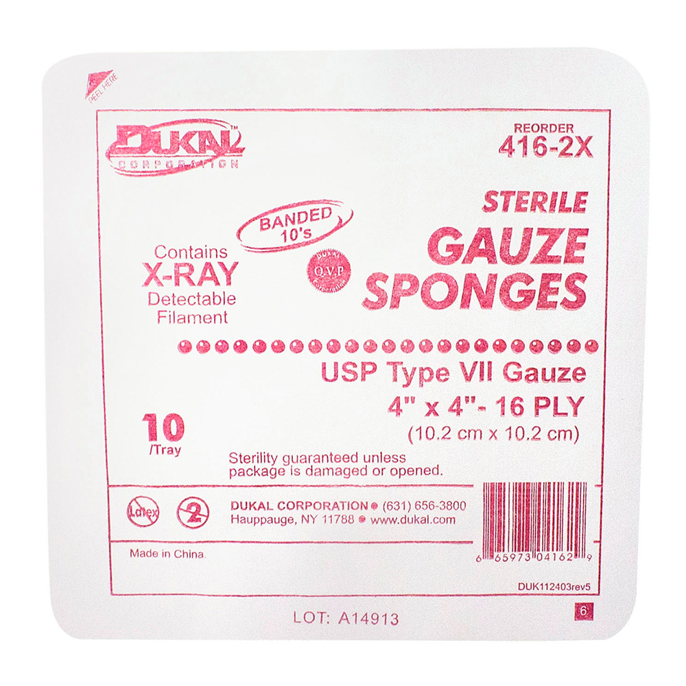 Dukal 4 x 4 inch 16-Ply X-Ray Detectable Type VII Sterile Gauze Sponges, 1280/Pack