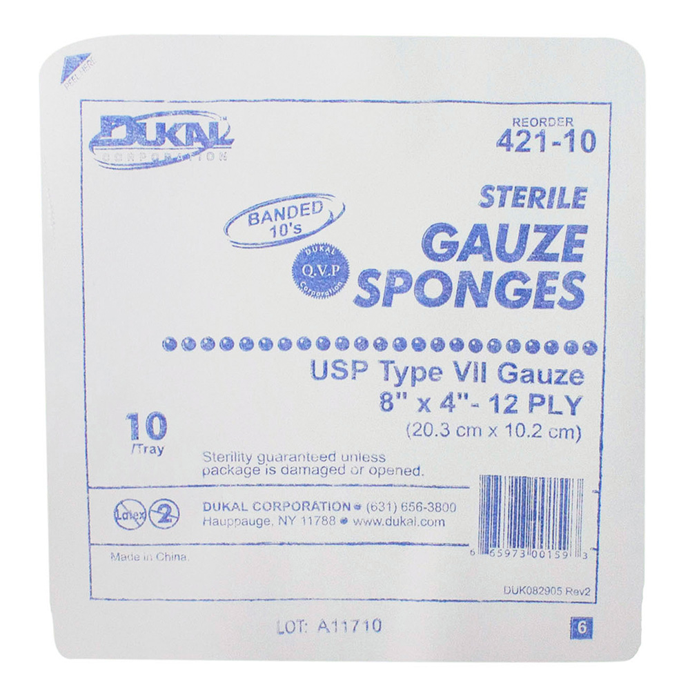 Dukal 8 x 4 inch 12-Ply Type VII Sterile Gauze Sponges, 800/Pack