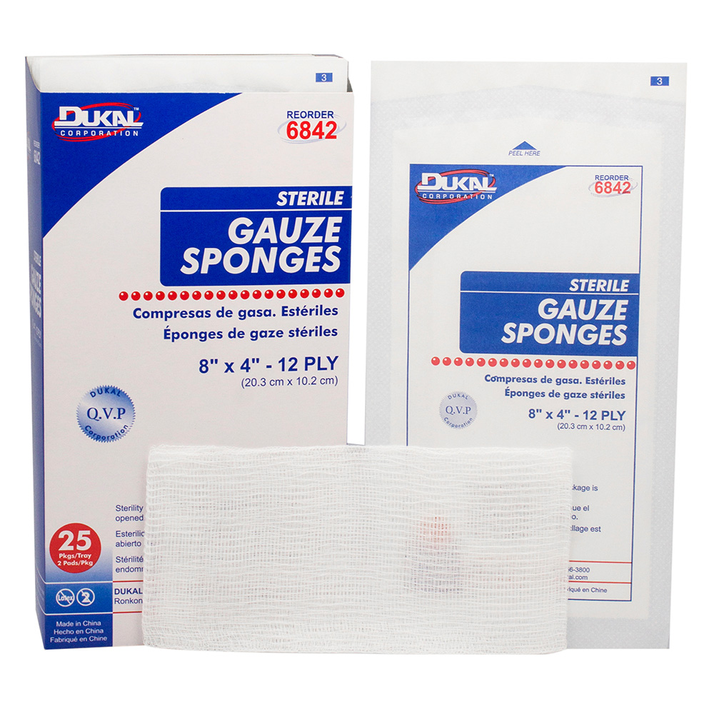 Dukal 8 x 4 inch 12-Ply Sterile Gauze Sponges, 1000/Pack