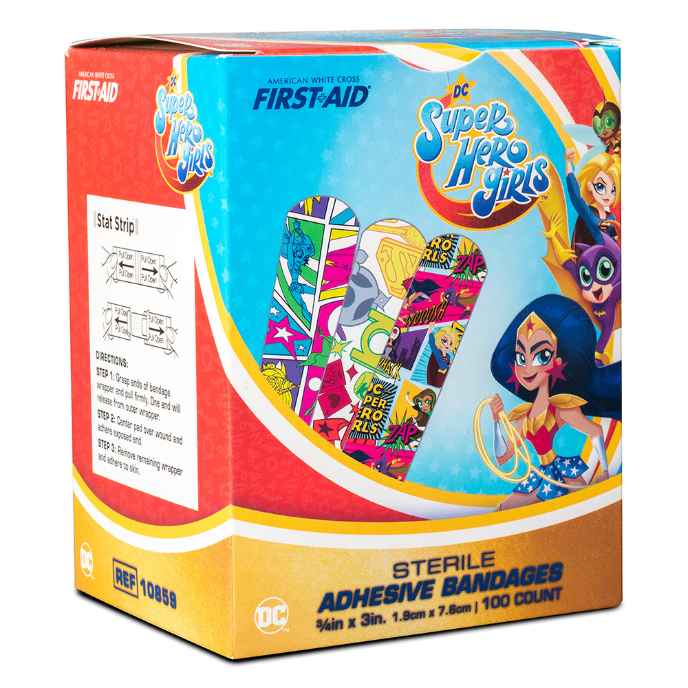 Dukal American White Cross 3/4 x 3 inch DC Super Hero Girls Adhesive Kid Design Bandages, 1200/Pack