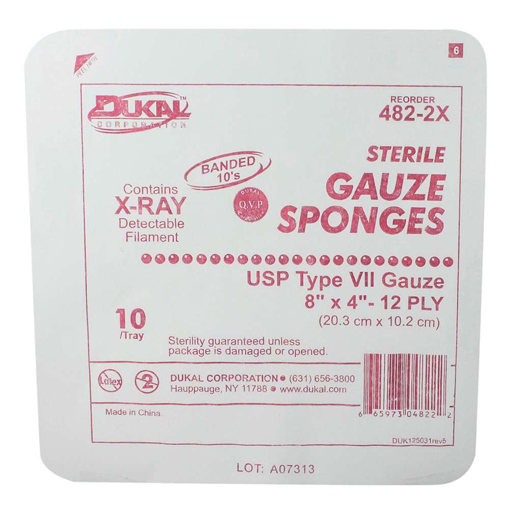 Dukal 8 x 4 inch 12-Ply X-Ray Detectable Type VII Sterile Gauze Sponges, 480/Pack