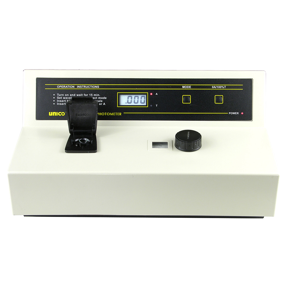 Unico Basic Visible 20 nm Bandpass Spectrophotometer in 110V with 10mm Square Cuvette Adapter, Dust Cover