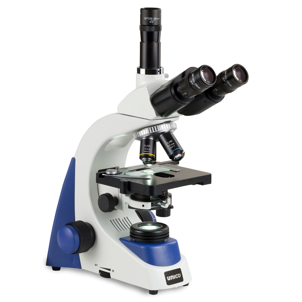 Unico Trinocular WF10X/18 High-Eyepoint Eyepiece 4X/10X/40X/100X(oil) Plan Achromatic Objective Microscope