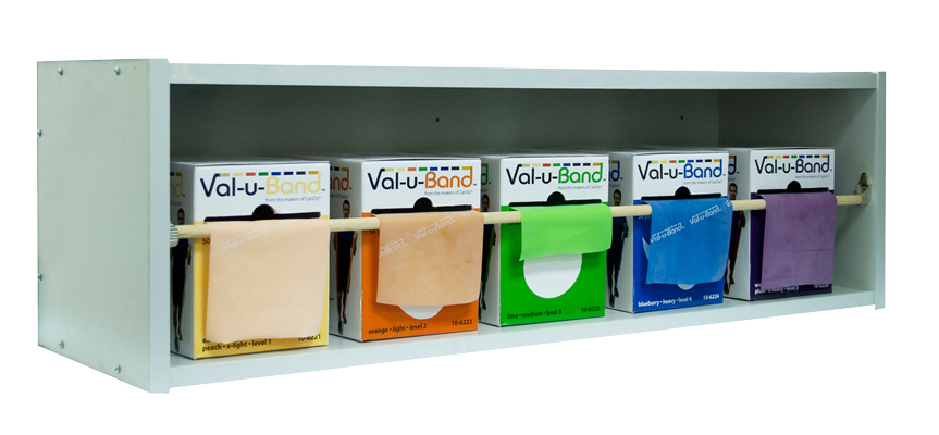 Fabrication CanDo Val-u-Band 50 yd Low Powder Exercise Band Dispenser Rolls w/ Dispens-a-Band Wood Rack, Assorted Color, 5 Pieces/Pack