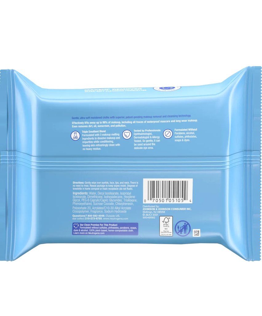 Johnson &amp; Johnson Neutrogena Compostable Makeup Remover Cleansing Towelettes - 6 Pack/Case