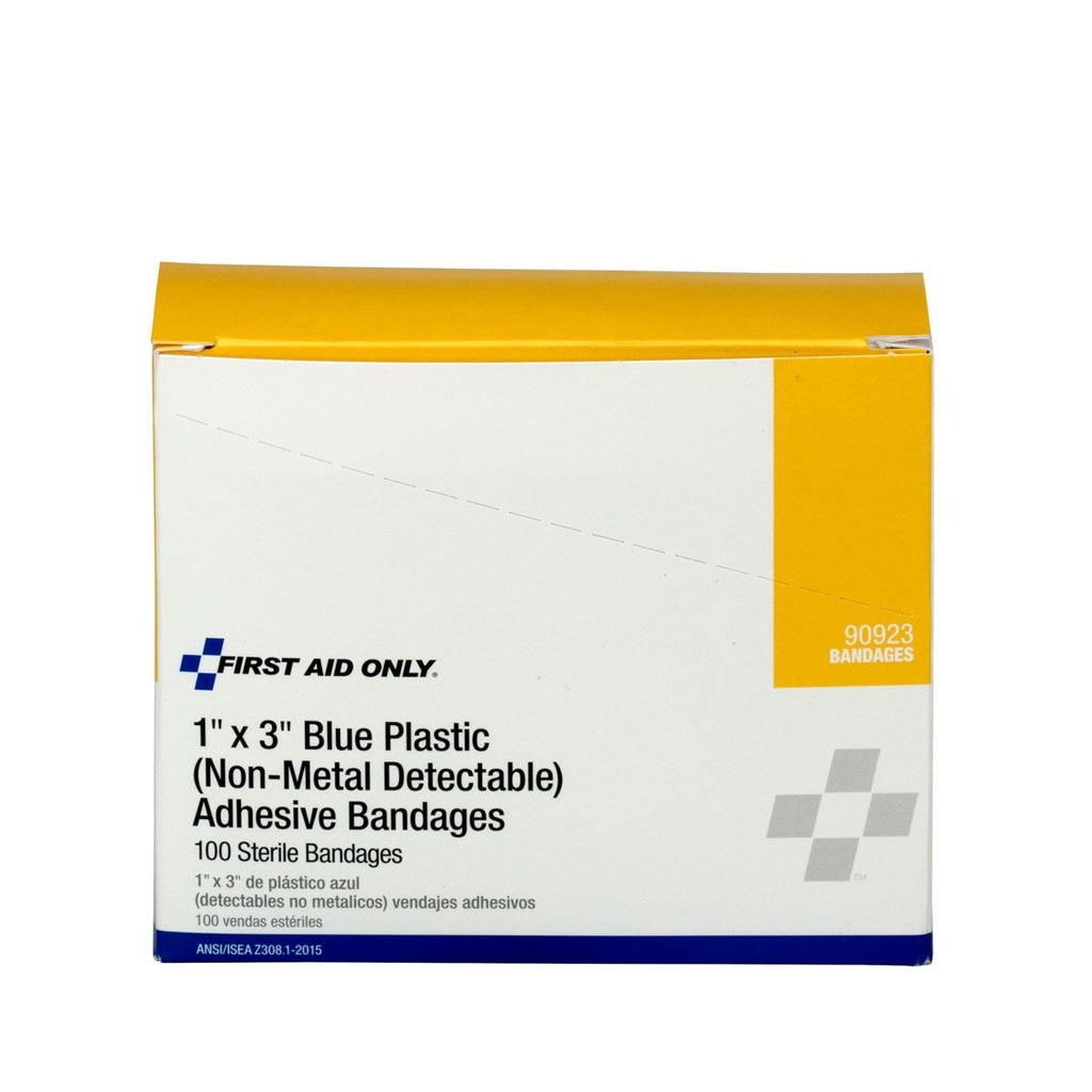 First Aid Only 1 inch x 3 inch Sterile Plastic Bandage, Blue, 100/Box