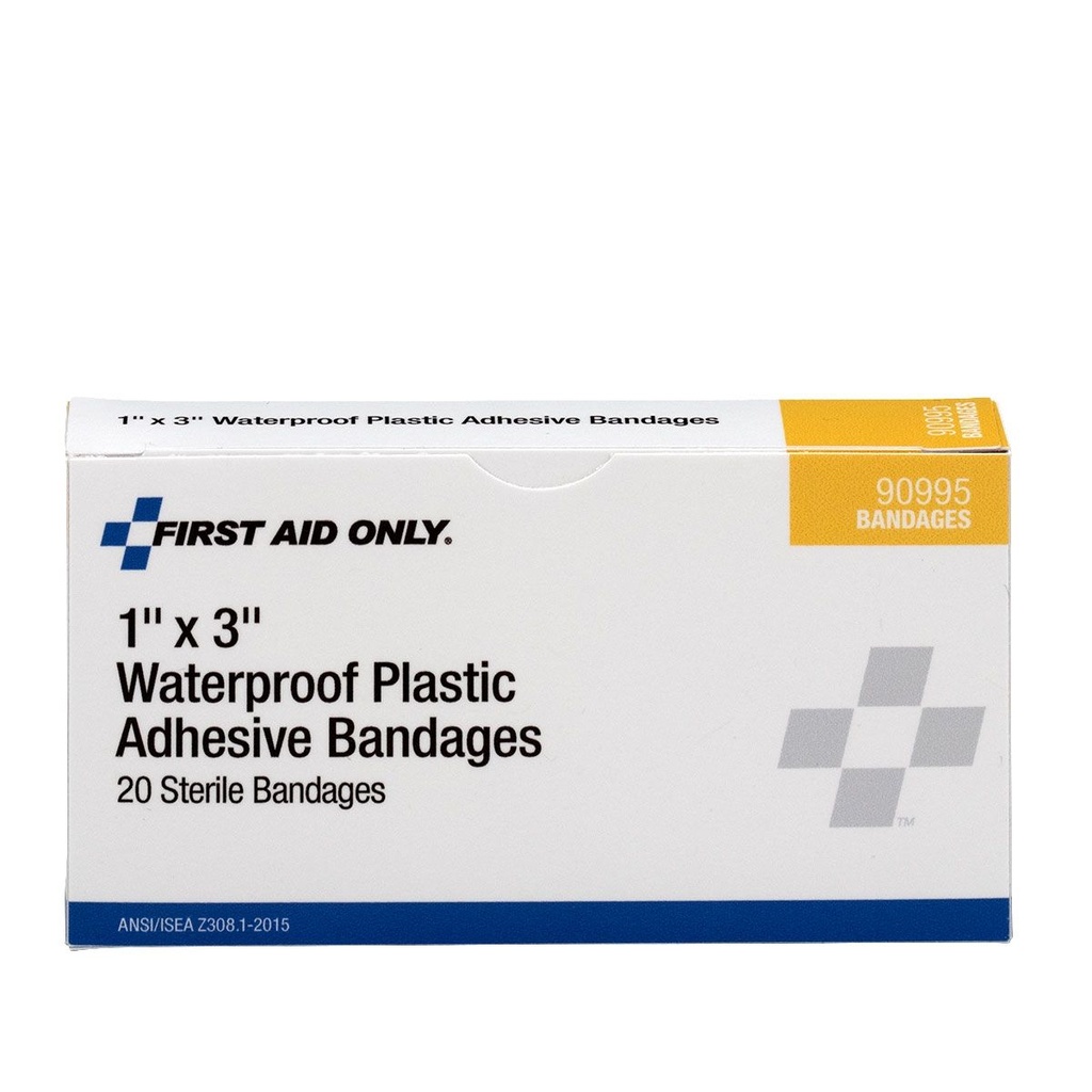 First Aid Only 3 inch x 1 inch Waterproof Plastic Adhesive Bandage, 20/Box