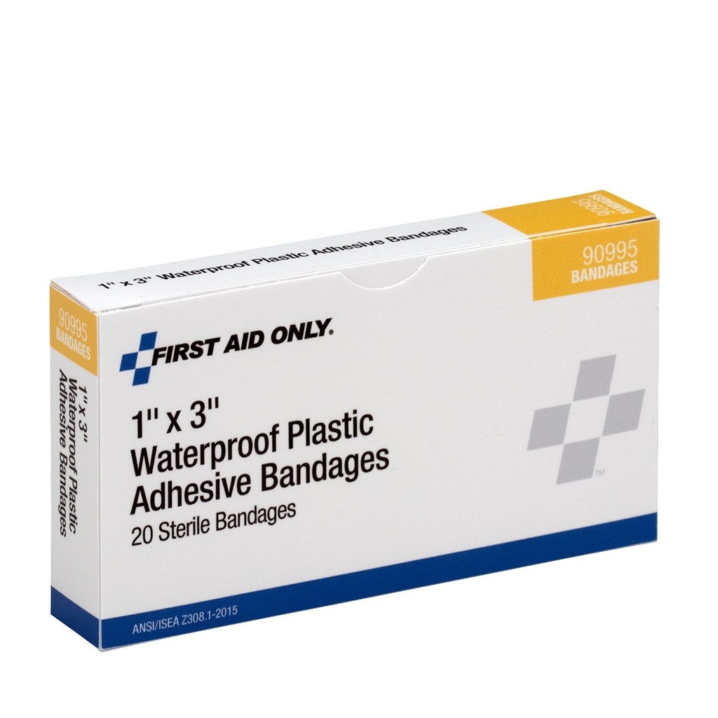 First Aid Only 3 inch x 1 inch Waterproof Plastic Adhesive Bandage, 20/Box