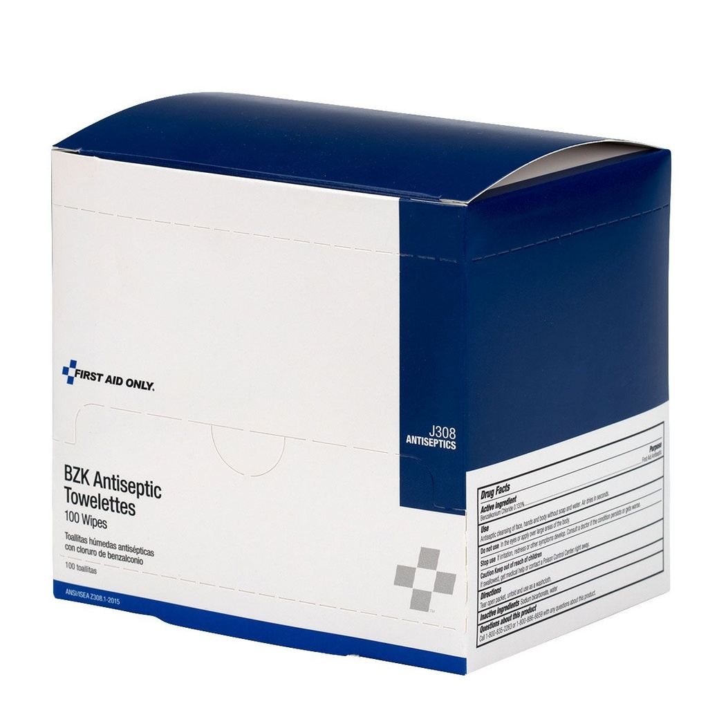 First Aid Only BZK Antiseptic Wipe, 100/Box