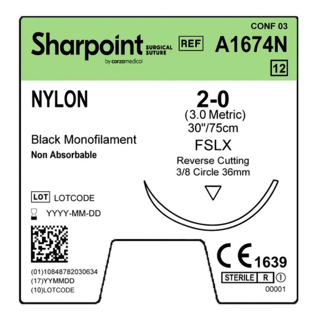 Surgical Specialties Sharpoint Plus 2-0 Nylon Nonabsorbable Suture with Needle and Black, 12 per Box