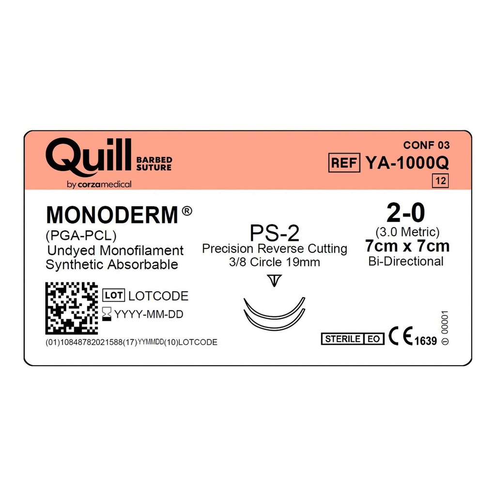 Surgical Specialties Quill Monoderm 2-0 7 cm x 7 cm Polyglycolic Acid / PCL Absorbable Suture with Needle and Undyed, 12 per Box