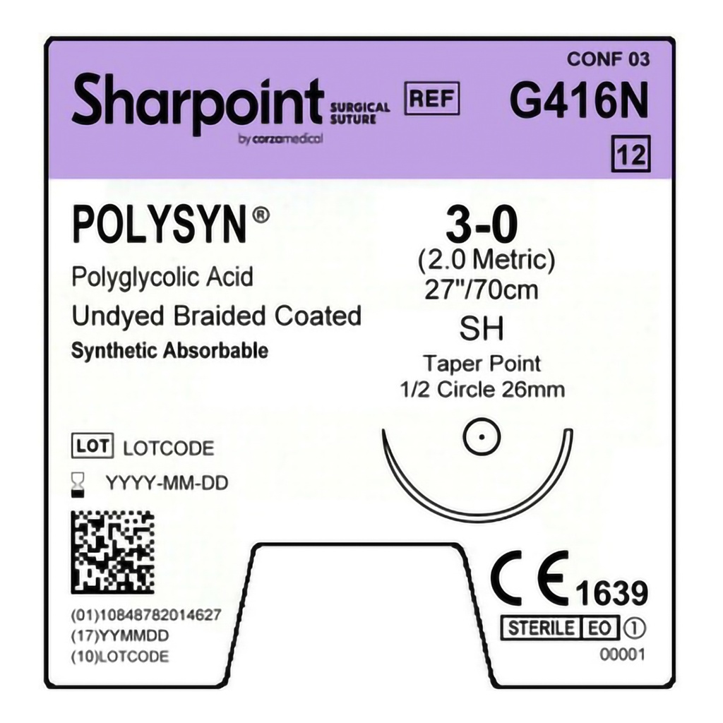 Surgical Specialties Sharpoint Plus 3-0 26 mm PolySyn/Polyglycolic Acid Absorbable Suture with Needle and Undyed, 12 per Box
