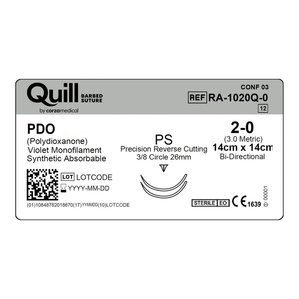 Surgical Specialties Quill 2-0 26 mm Polydioxanone Absorbable Suture with Needle and Violet, 12 per Box