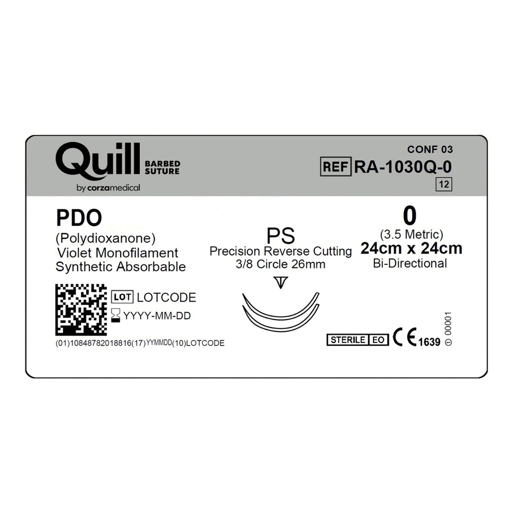 Surgical Specialties Quill 0 24 cm Polydioxanone Absorbable Suture with Needle and Violet, 12 per Box