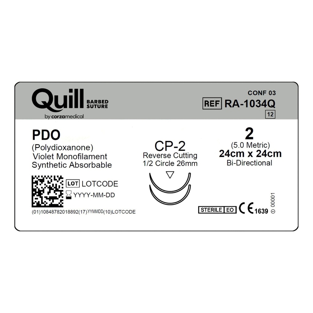 Surgical Specialties Quill 2 24 cm Polydioxanone Absorbable Suture with Needle and Violet, 12 per Box