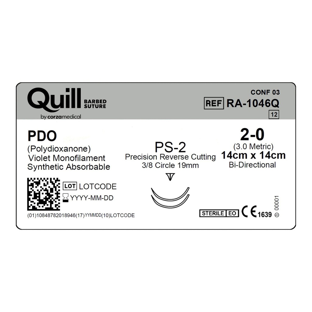 Surgical Specialties Quill 2-0 19 mm Polydioxanone Absorbable Suture with Needle and Violet, 12 per Box