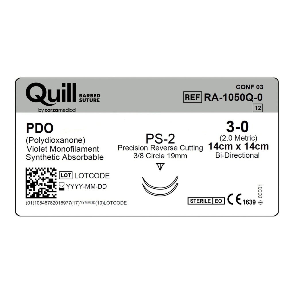 Surgical Specialties Quill 3-0 19 mm Polydioxanone Absorbable Suture with Needle and Violet, 12 per Box