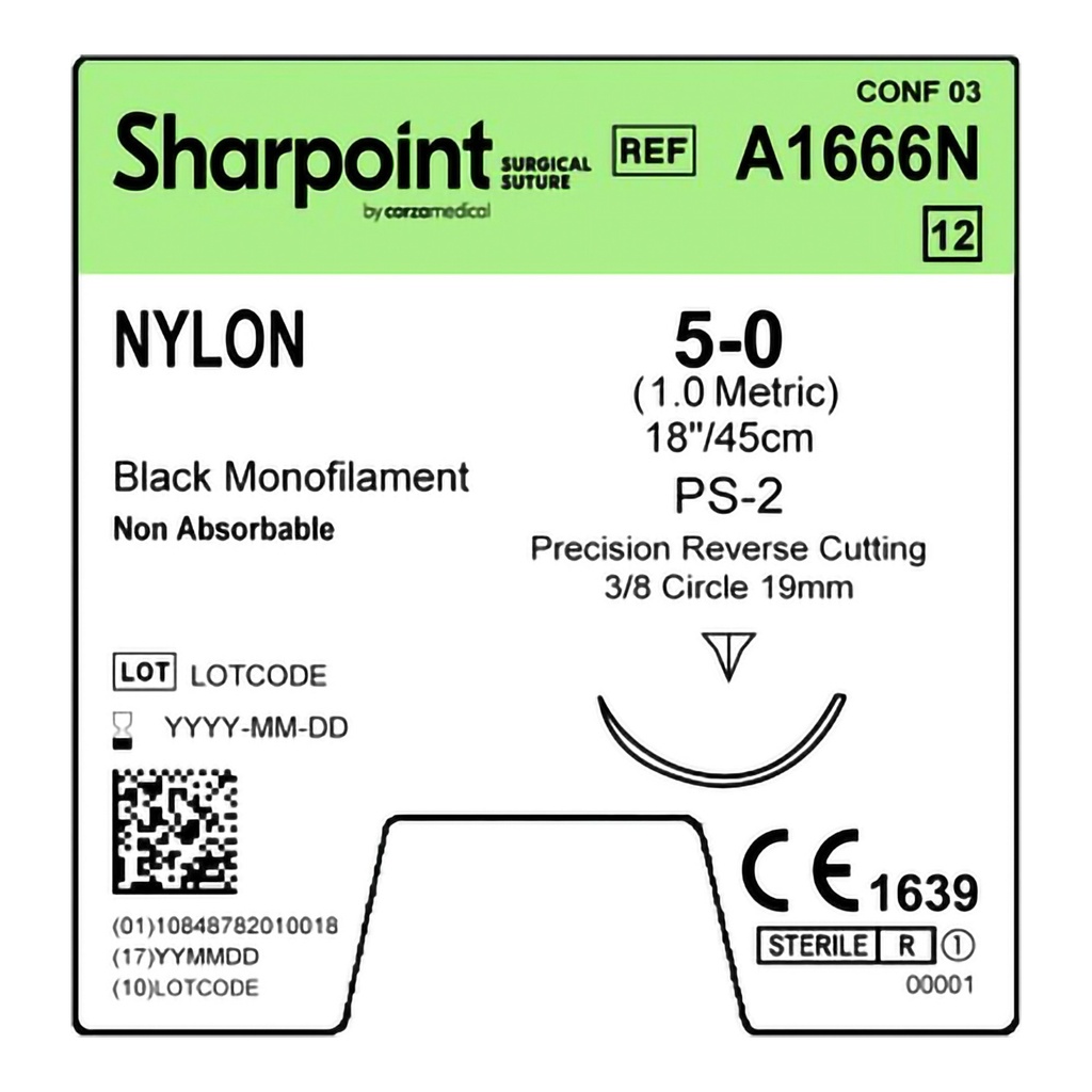 Surgical Specialties Sharpoint Plus 5-0 PS-2 Nylon Nonabsorbable Suture with Needle and Black, 12 per Box