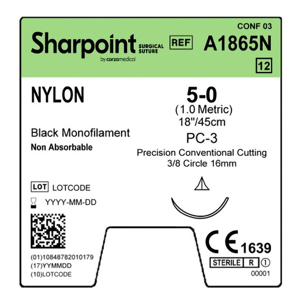 Surgical Specialties Sharpoint Plus 5-0 3/8 Circle Nylon Nonabsorbable Suture with Needle and Black, 12 per Box