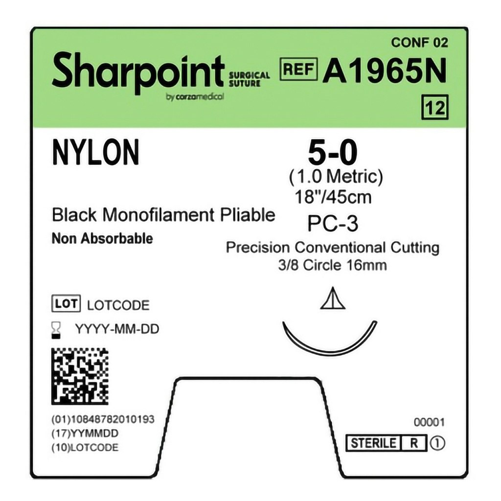 Surgical Specialties Sharpoint Plus 5-0 PC-3 Nylon Nonabsorbable Suture with Needle and Black, 12 per Box