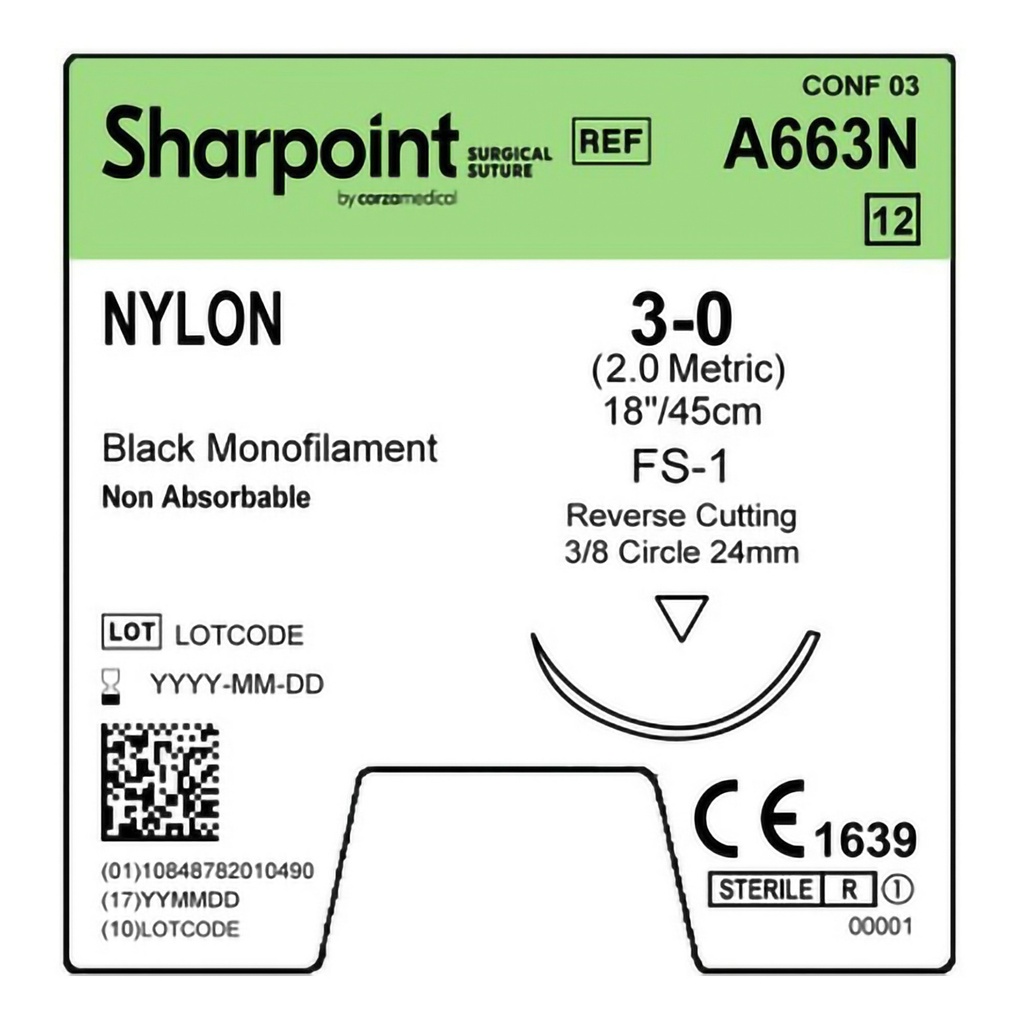 Surgical Specialties Sharpoint Plus 3-0 18 inch Nylon Nonabsorbable Suture with Needle and Black, 12 per Box