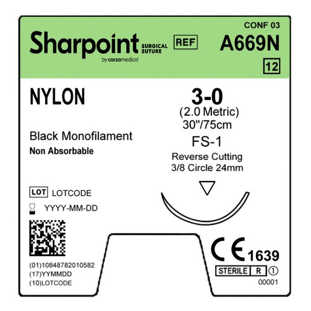 Surgical Specialties Sharpoint Plus 3-0 30 inch Nylon Nonabsorbable Suture with Needle and Black, 12 per Box