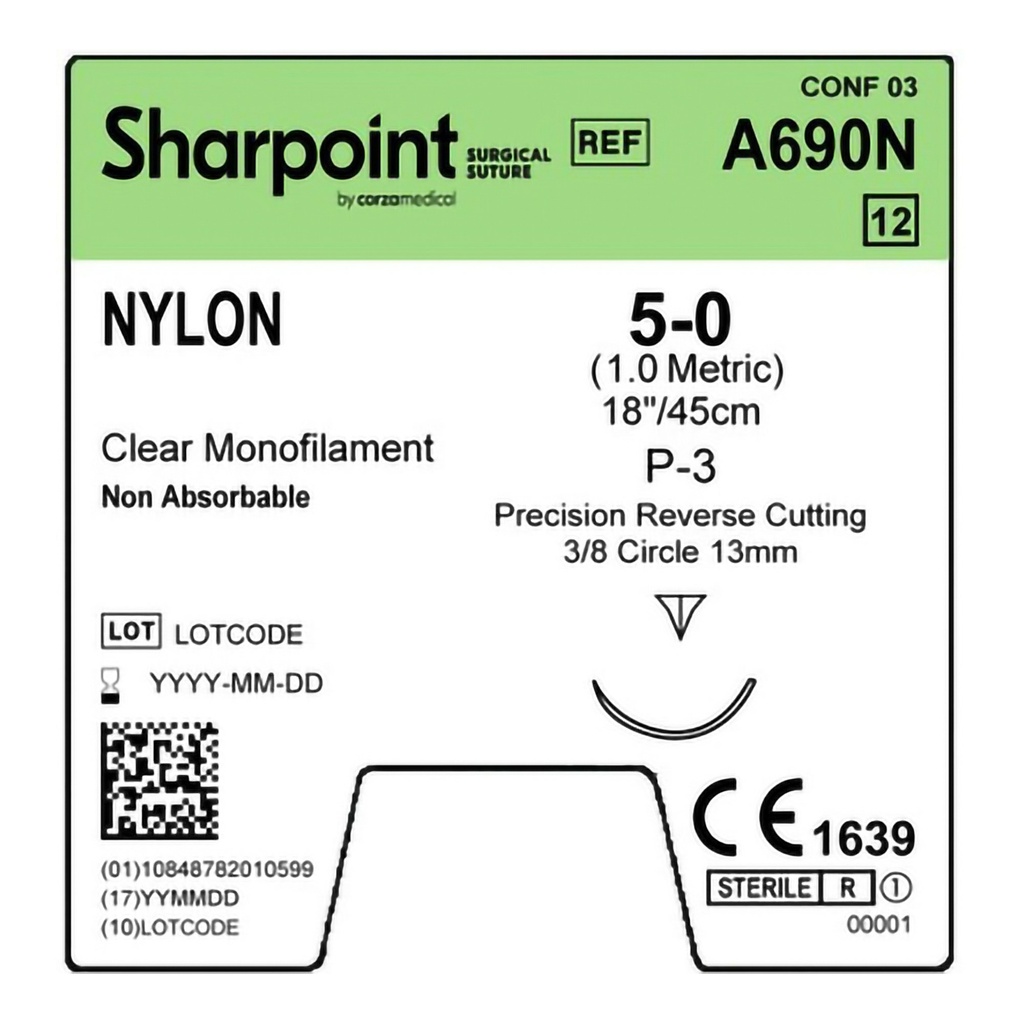 Surgical Specialties Sharpoint Plus 5-0 13 mm Nylon Nonabsorbable Suture with Needle and Undyed, 12 per Box