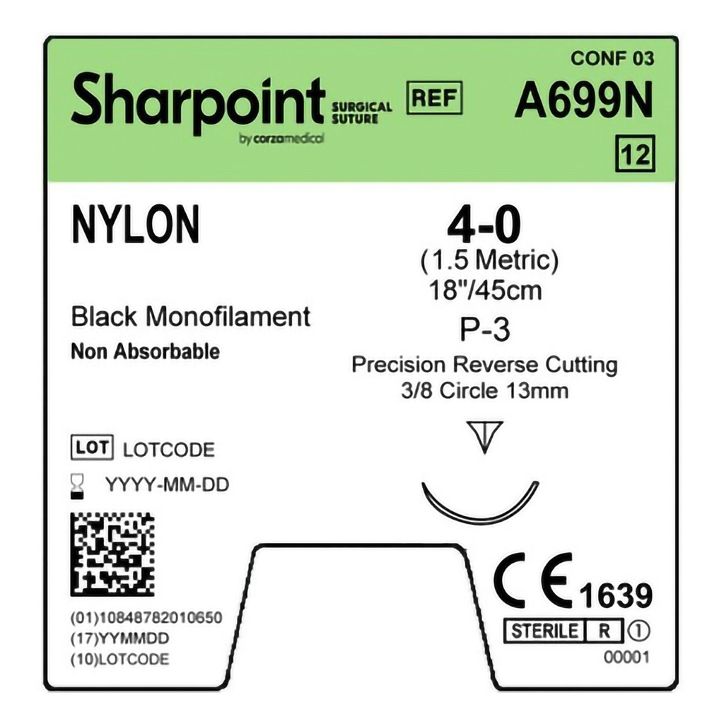 Surgical Specialties Sharpoint Plus 4-0 13 mm Nylon Nonabsorbable Suture with Needle and Black, 12 per Box