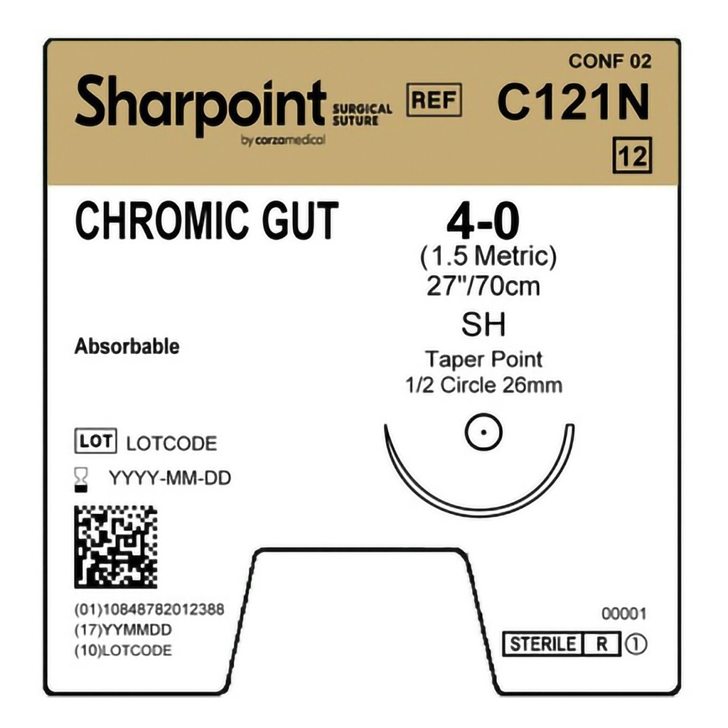 Surgical Specialties Sharpoint Plus 4-0 26 mm Chromic Gut Absorbable Suture with Needle and Undyed, 12 per Box