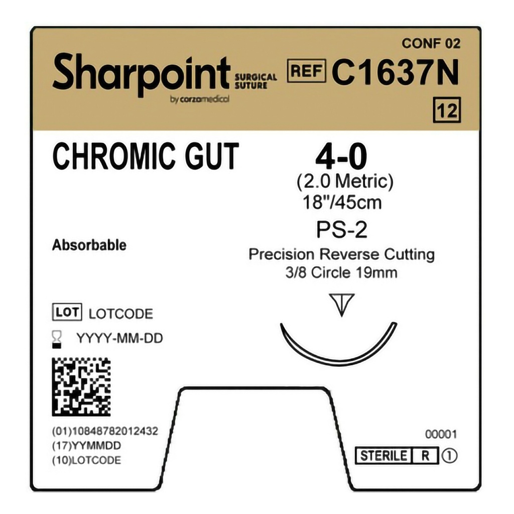 Surgical Specialties Sharpoint Plus 4-0 19 mm Chromic Gut Absorbable Suture with Needle and Undyed, 12 per Box