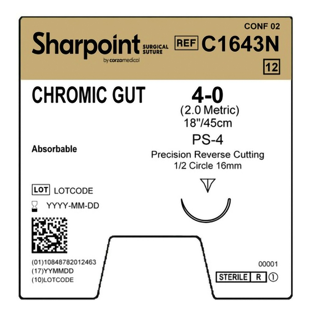Surgical Specialties Sharpoint Plus 4-0 16 mm Chromic Gut Absorbable Suture with Needle and Undyed, 12 per Box