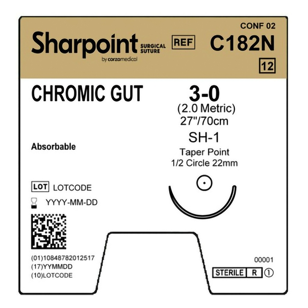 Surgical Specialties Sharpoint Plus 3-0 22 mm Chromic Gut Absorbable Suture with Needle and Undyed, 12 per Box