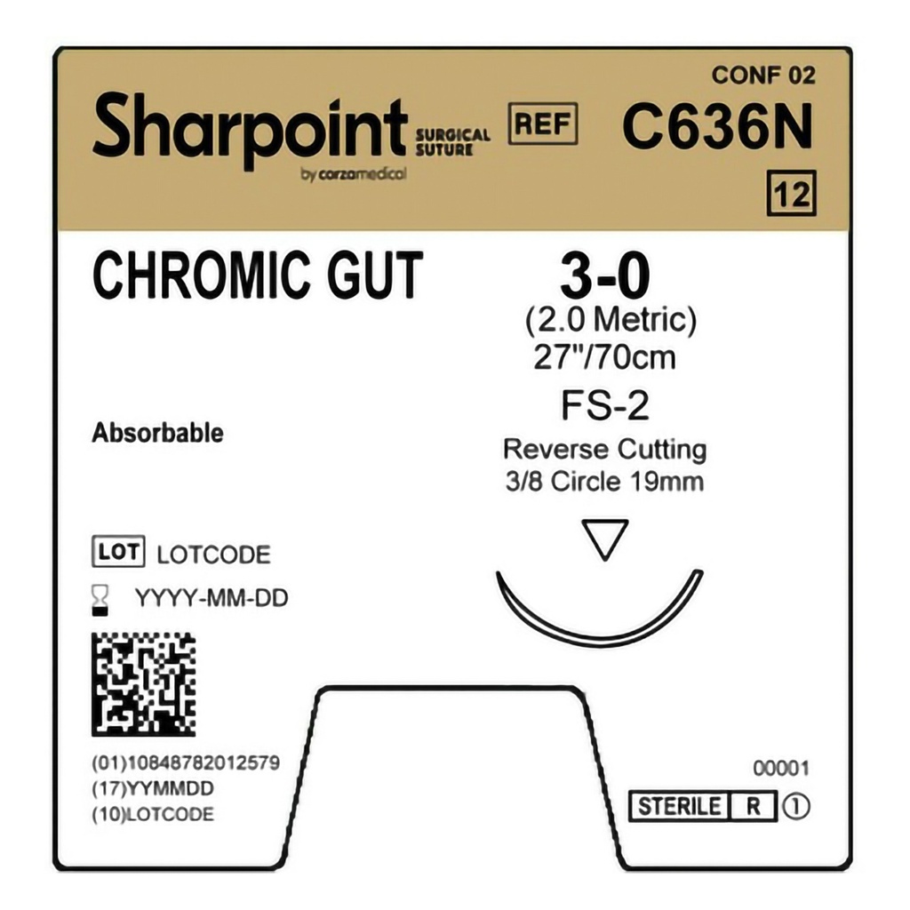Surgical Specialties Sharpoint Plus 3-0 27 inch Chromic Gut Absorbable Suture with Needle and Undyed, 12 per Box