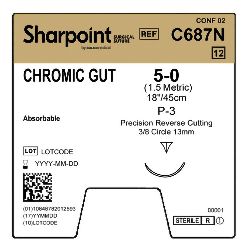 Surgical Specialties Sharpoint Plus 5-0 P-3 Chromic Gut Absorbable Suture with Needle and Undyed, 12 per Box