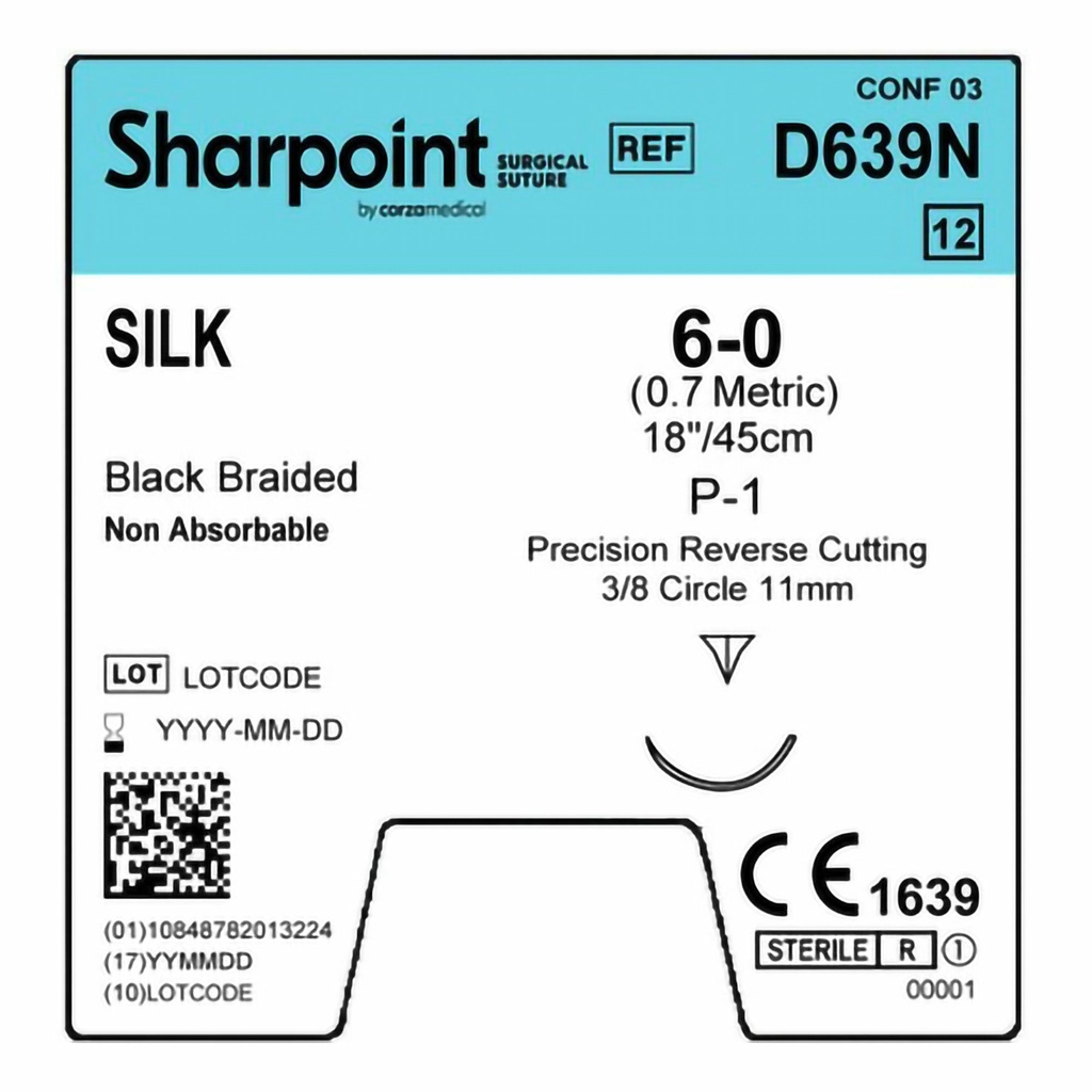 Surgical Specialties Sharpoint Plus 6-0 18 inch Silk Nonabsorbable Suture with Needle and Black, 12 per Box