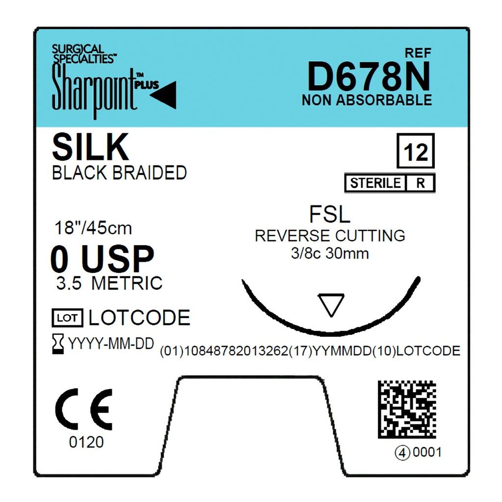 Surgical Specialties Sharpoint Plus 0 30 mm Silk Nonabsorbable Suture with Needle and Black, 12 per Box