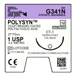 Surgical Specialties Sharpoint Plus 1 36 mm PolySyn/Polyglycolic Acid Absorbable Suture with Needle and Violet, 12 per Box