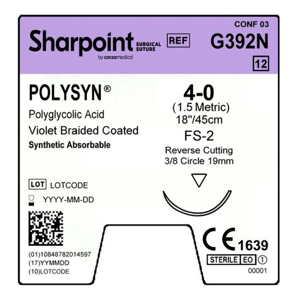 Surgical Specialties Sharpoint Plus 4-0 19 mm PolySyn/Polyglycolic Acid Absorbable Suture with Needle and Violet, 12 per Box