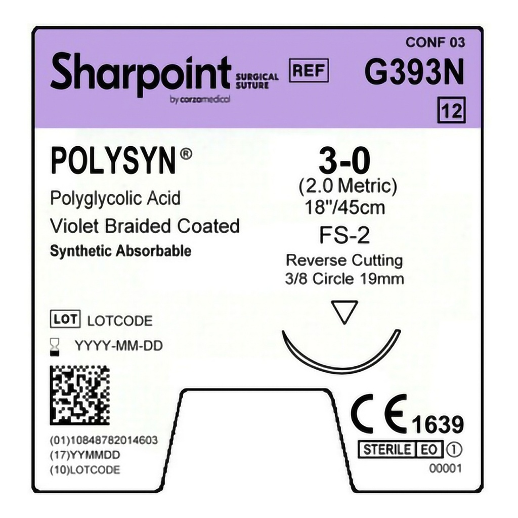 Surgical Specialties Sharpoint Plus 3-0 19 mm PolySyn/Polyglycolic Acid Absorbable Suture with Needle and Violet, 12 per Box
