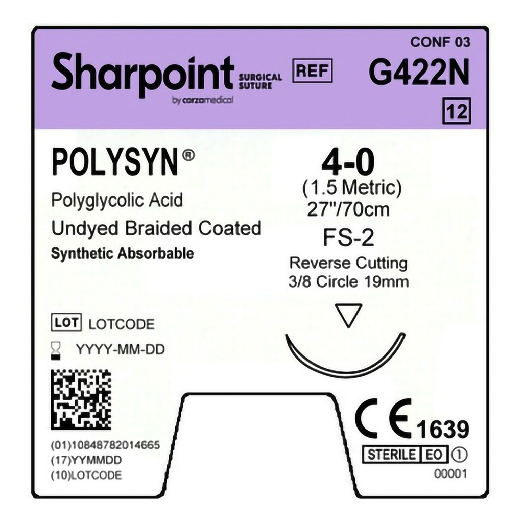 Surgical Specialties Sharpoint Plus 4-0 19 mm PolySyn/Polyglycolic Acid Absorbable Suture with Needle and Undyed, 12 per Box