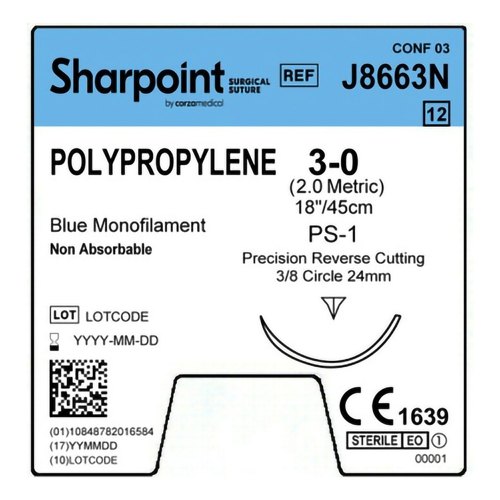 Surgical Specialties Sharpoint Plus 3-0 24 mm Polypropylene Nonabsorbable Suture with Needle and Blue, 12 per Box