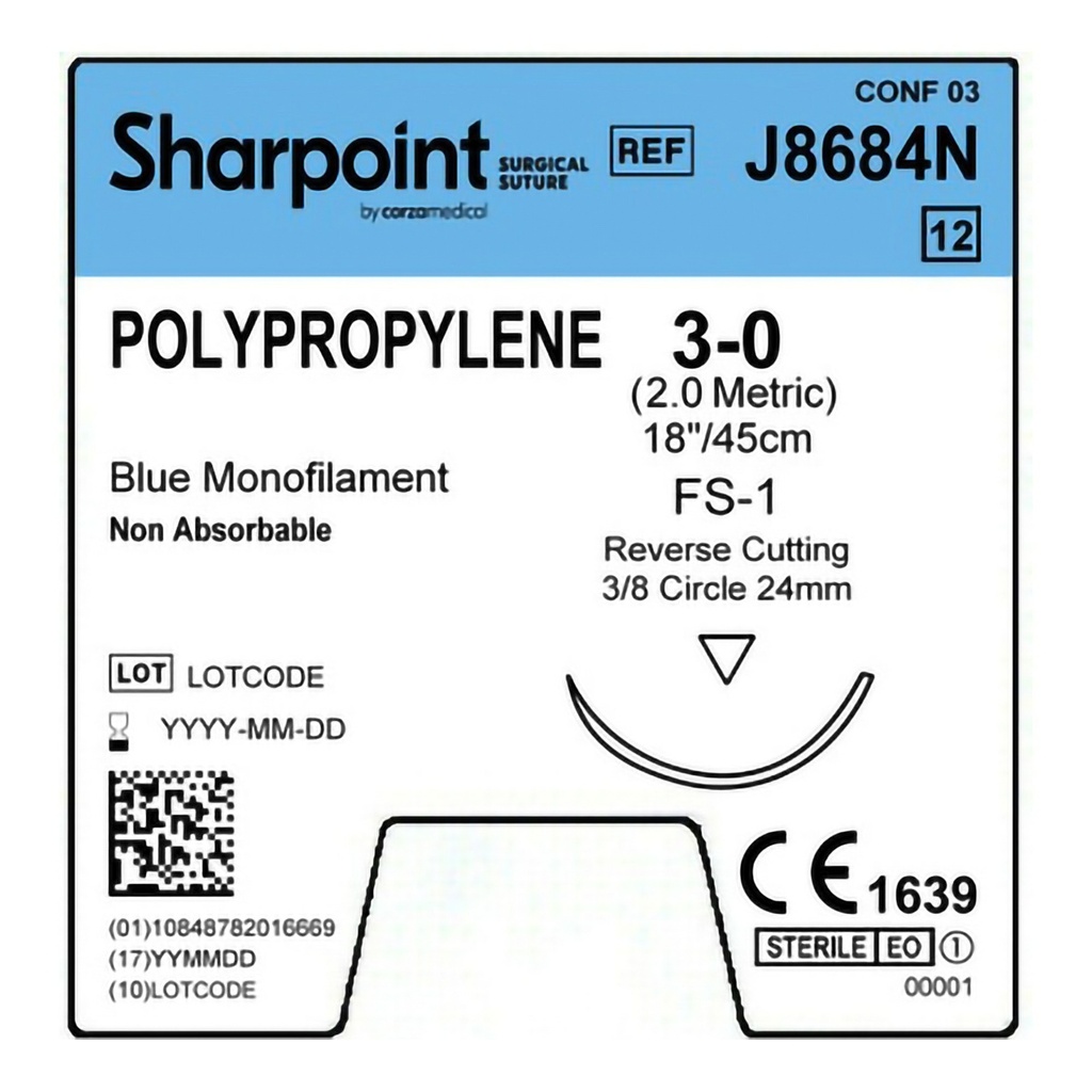Surgical Specialties Sharpoint Plus 3-0 18 inch Polypropylene Nonabsorbable Suture with Needle and Blue, 12 per Box
