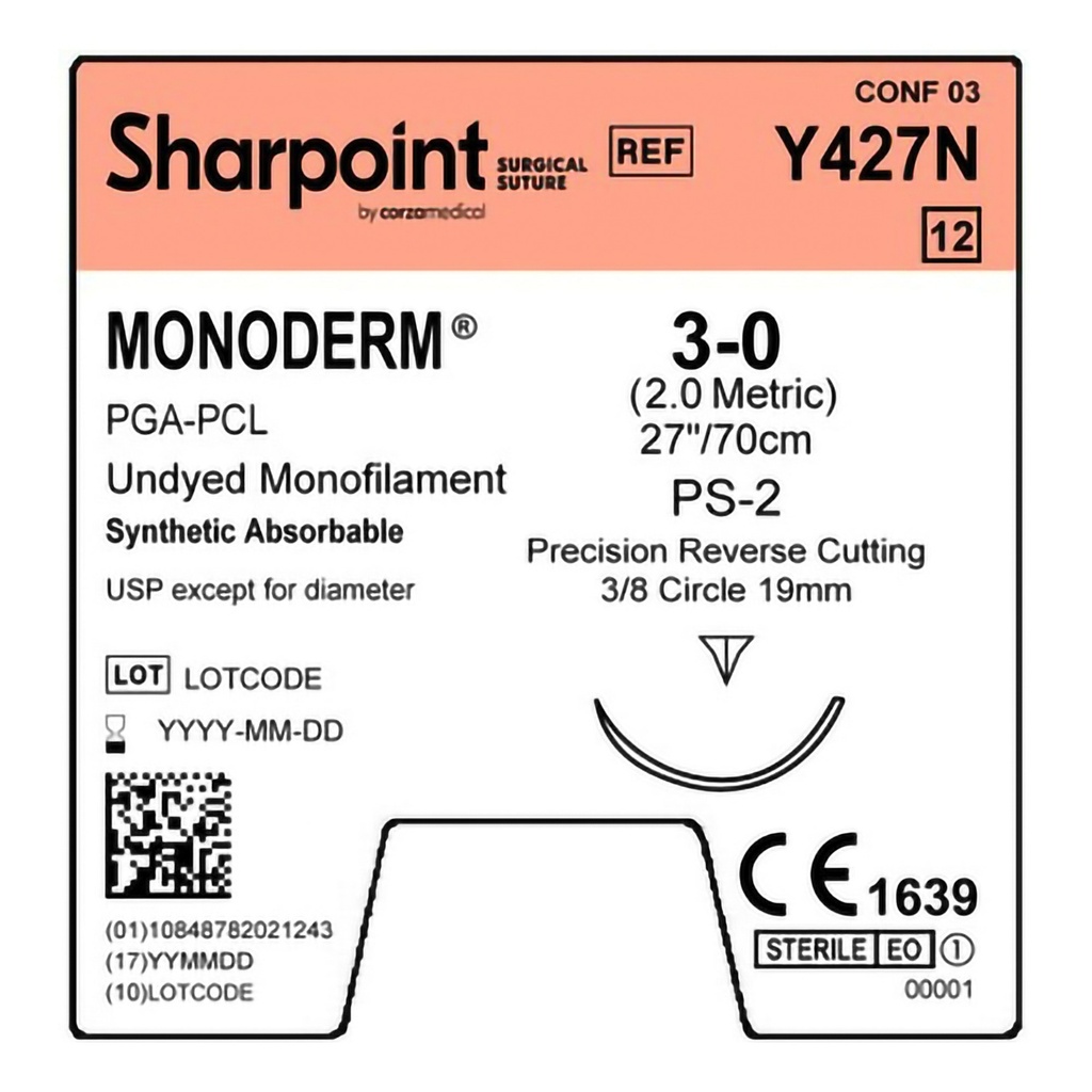 Surgical Specialties Sharpoint Plus Monoderm 3-0 27 inch Polyglycolic Acid Absorbable Suture with Needle and Undyed, 12 per Box