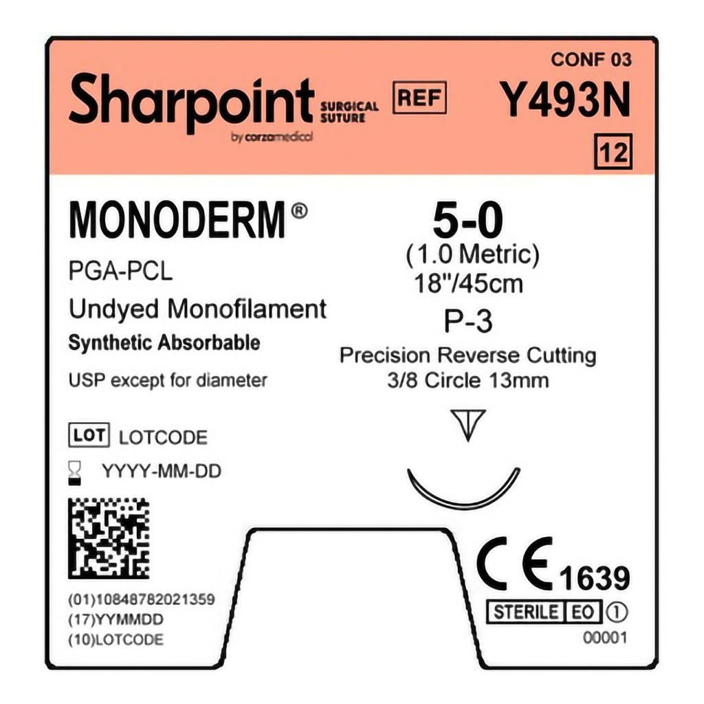 Surgical Specialties Sharpoint Plus Monoderm 5-0 18 inch Polyglycolic Acid Absorbable Suture with Needle and Undyed, 12 per Box
