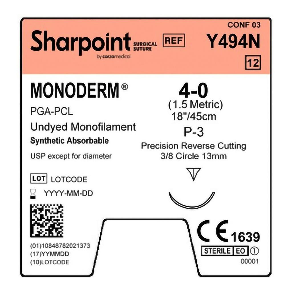 Surgical Specialties Sharpoint Plus Monoderm 4-0 18 inch Polyglycolic Acid Absorbable Suture with Needle and Undyed, 12 per Box