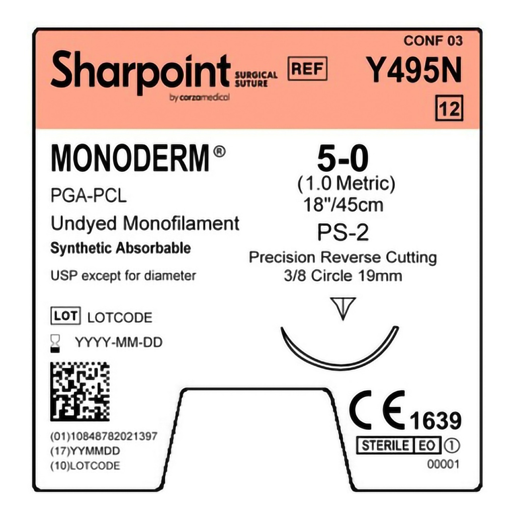 Surgical Specialties Sharpoint Plus Monoderm 5-0 19 mm Polyglycolic Acid Absorbable Suture with Needle and Undyed, 12 per Box