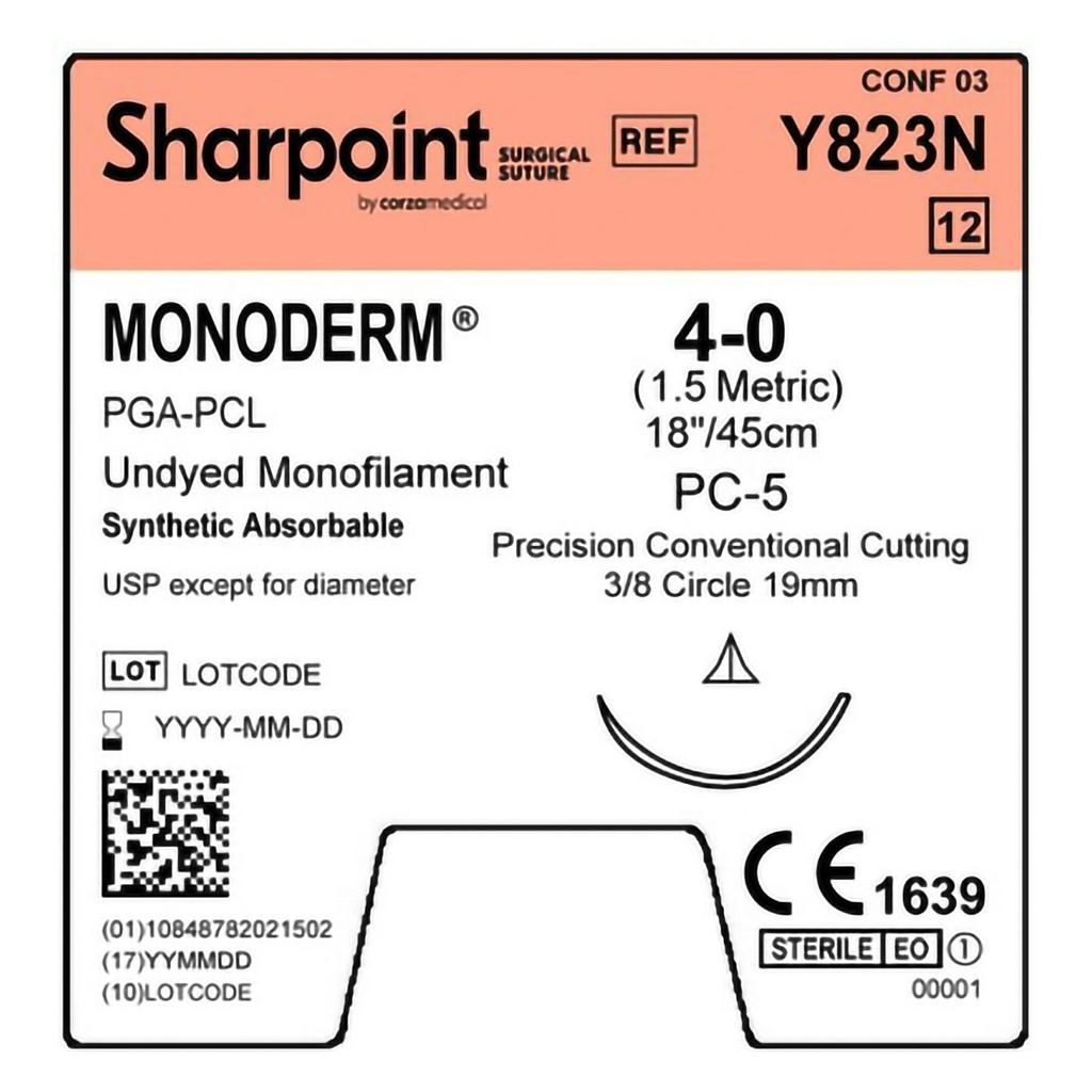Surgical Specialties Sharpoint Plus Monoderm 4-0 PC-5 Polyglycolic Acid Absorbable Suture with Needle and Undyed, 12 per Box