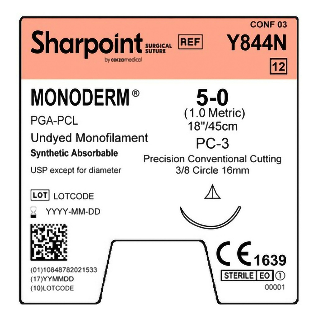 Surgical Specialties Sharpoint Plus Monoderm 5-0 16 mm Polyglycolic Acid Absorbable Suture with Needle and Undyed, 12 per Box
