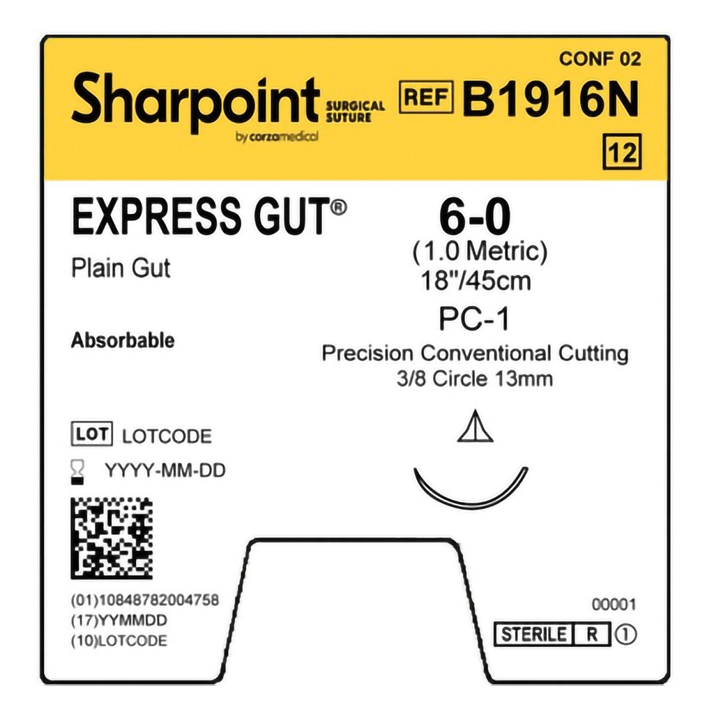 Surgical Specialties Sharpoint Plus 6-0 18 inch Express Gut Absorbable Suture with Needle and Undyed, 12 per Box