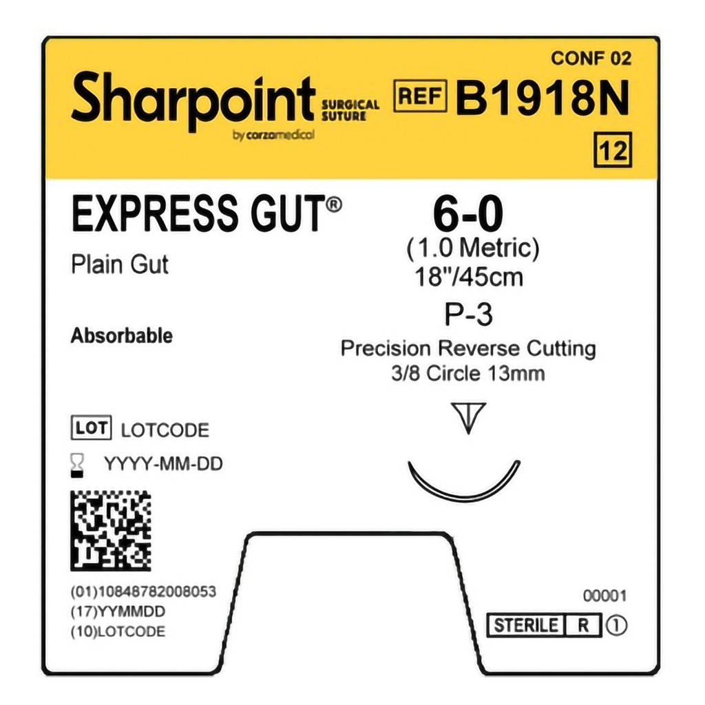 Surgical Specialties Sharpoint Plus 6-0 13 mm Express Gut Absorbable Suture with Needle and Undyed, 12 per Box